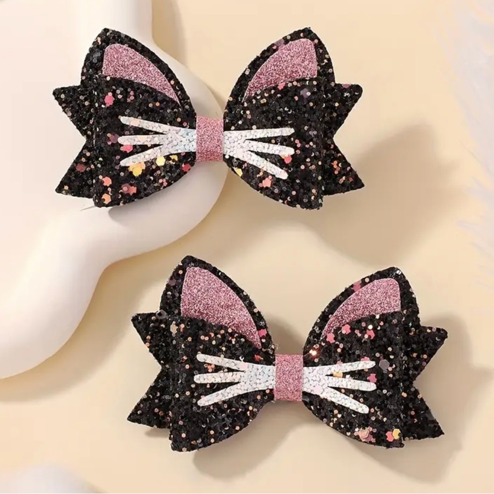 2 Girls Glittery Black & Pink Kitty Cat Bow Hair Clips